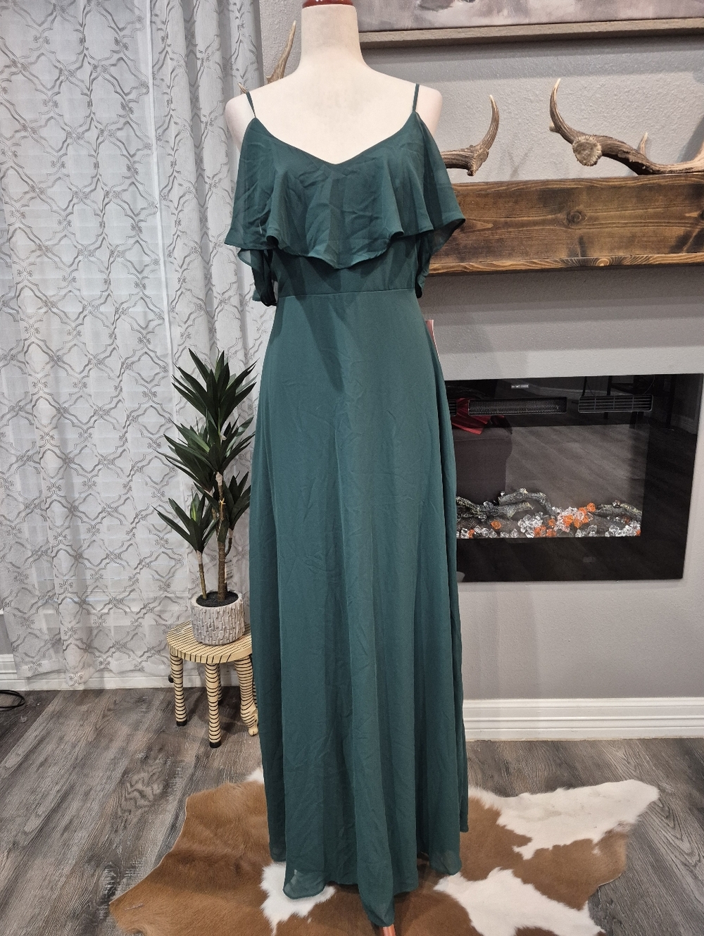 NEWBirdy Grey Jane Dress Size Large Teal Ruffle-Front Spaghetti-Strap Maxi Dress - Picture 2 of 7